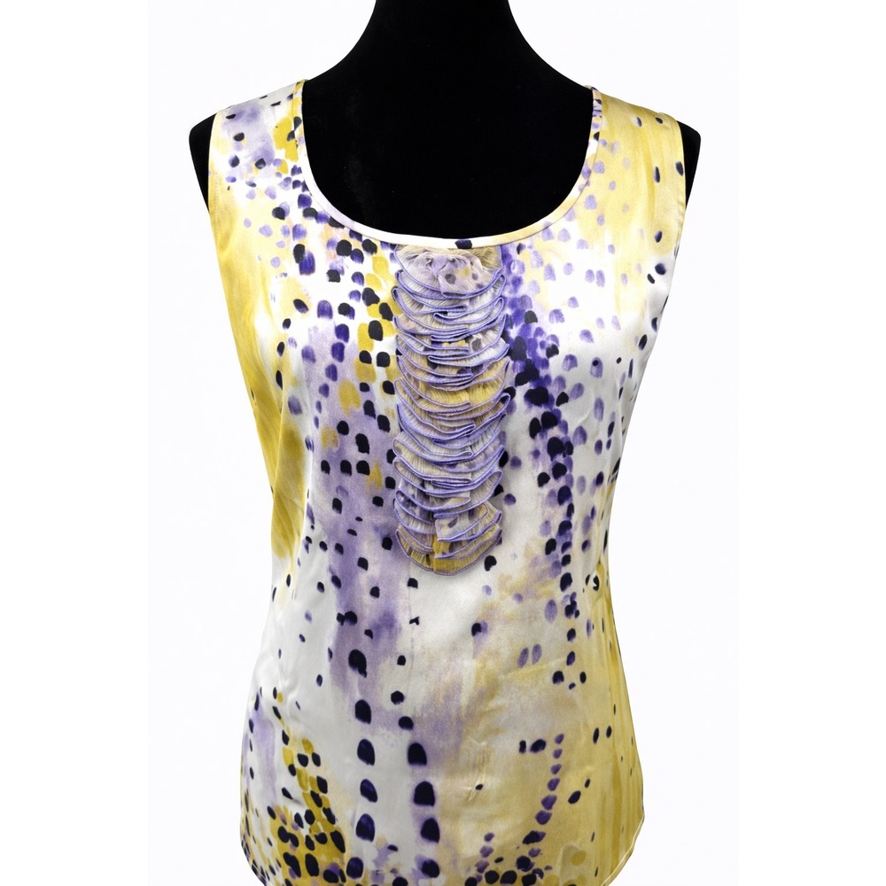 ST JOHN Womens Sleeveless Ruffled Blouse Size Small Yellow Animal Print Silk